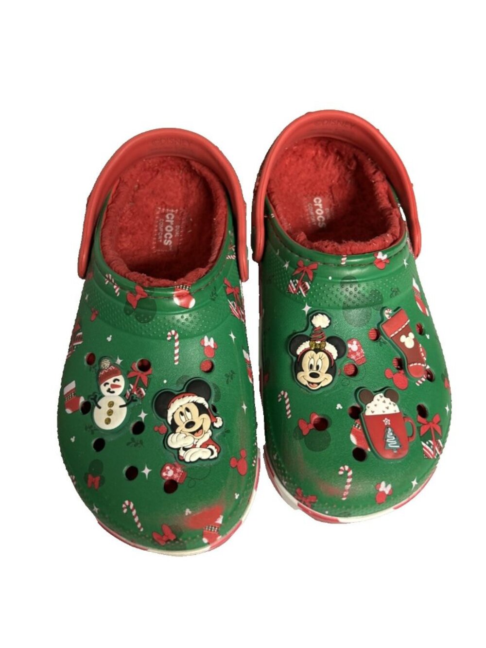 Crocs Disney Christmas Green Red Fleece Lined Mickey Minnie Jibbitz Youth 2 J2
